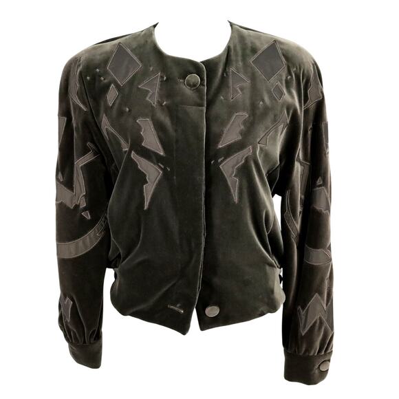 Escada Jackets & Blazers - Laurel Escada Jacket Womens 6 Green Velour Lined Applique Shoulder Pads Vintage